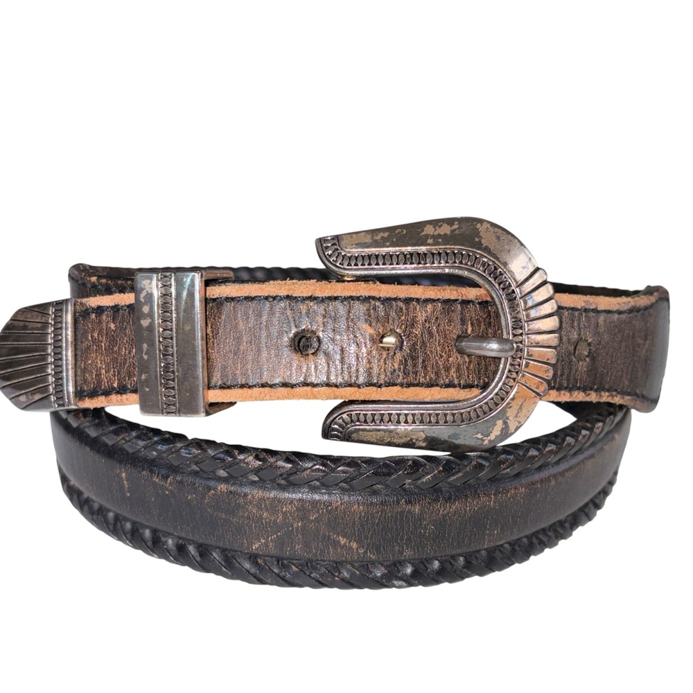 Vintage 1991 Western Belt Mens Braided Leather Distressed Cowboy Boho 34 Black